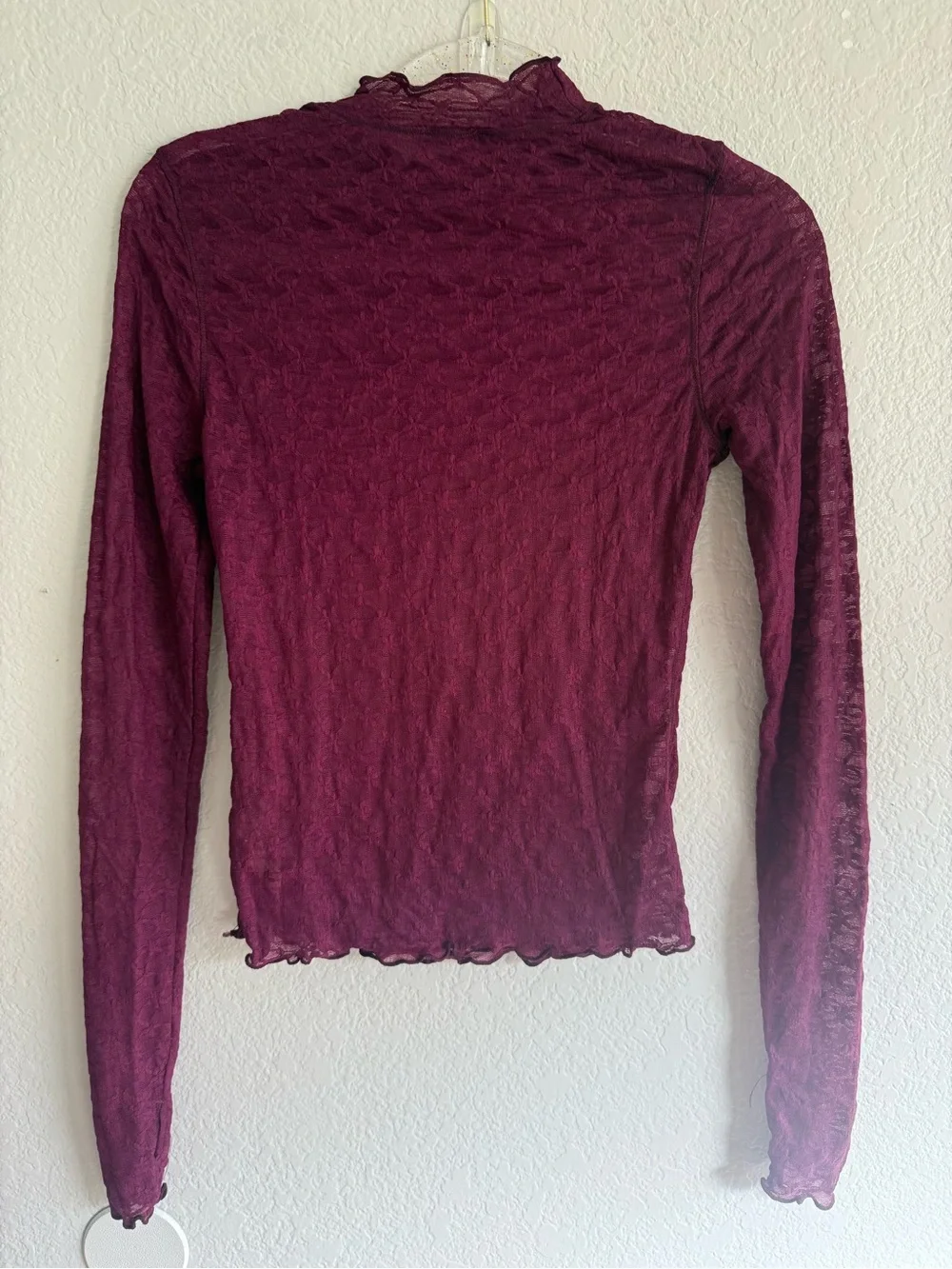 Free People Burgundy Sheer Lace Long Sleeve Top NEW